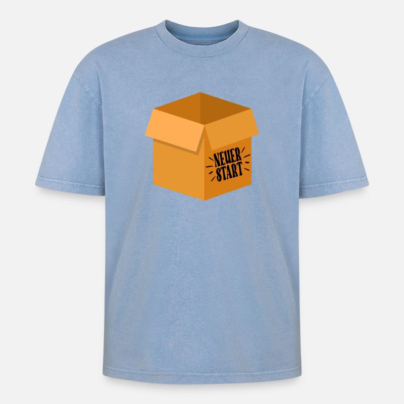NEUER START - ABSCHIEDSGESCHENKE KARTON - Oversized Unisex Premium Acid-Washed T-Shirt - Blau Acid Wash
