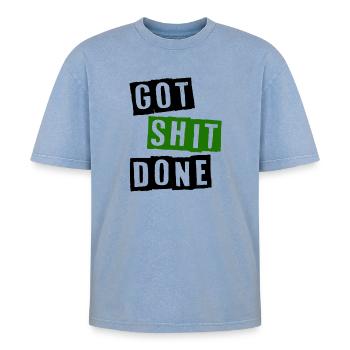 Got shit done - Oversized Unisex Premium Acid-Washed T-Shirt - Blau Acid Wash - Vorne - AI Model Female 172 dark (172cm) & AI Model Male 185 dark (185cm)