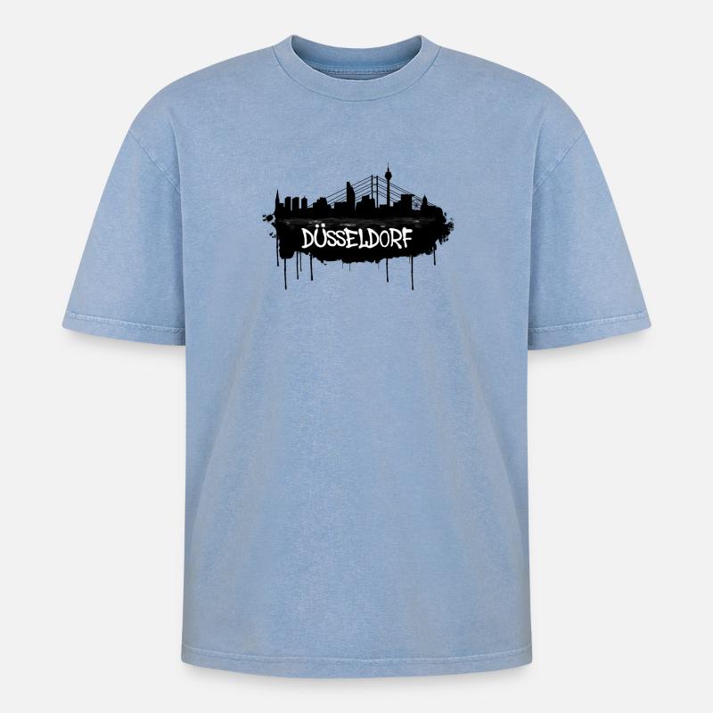 Düsseldorf Graffiti Skyline - Oversized Unisex Premium Acid-Washed T-Shirt - Blau Acid Wash