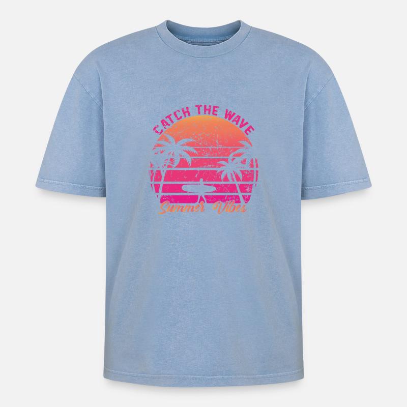 Catch the Wave - Oversized Unisex Premium Acid-Washed T-Shirt - Blau Acid Wash
