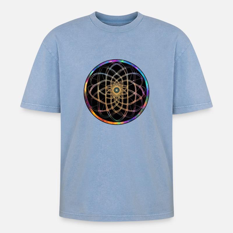 Rainbow Mandala Circle Pattern - Oversized Unisex Premium Acid-Washed T-Shirt - acid washed blue