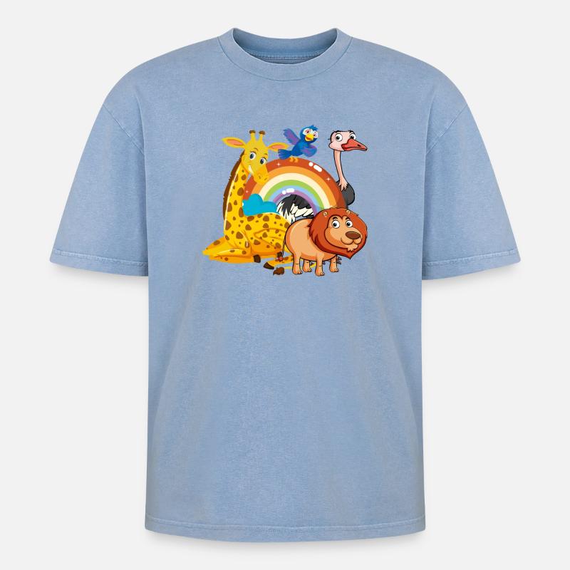 Regenbogen Dschungel Pals Illustration - Oversized Unisex Premium Acid-Washed T-Shirt - Blau Acid Wash