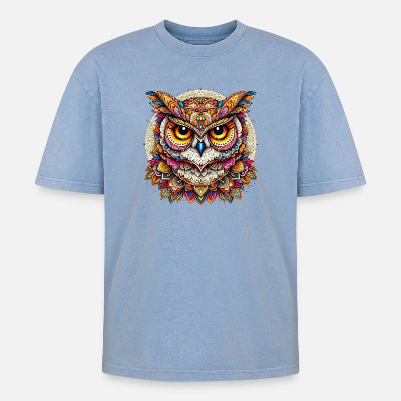 Eule mit Mandalas verziert - Oversized Unisex Premium Acid-Washed T-Shirt - Blau Acid Wash
