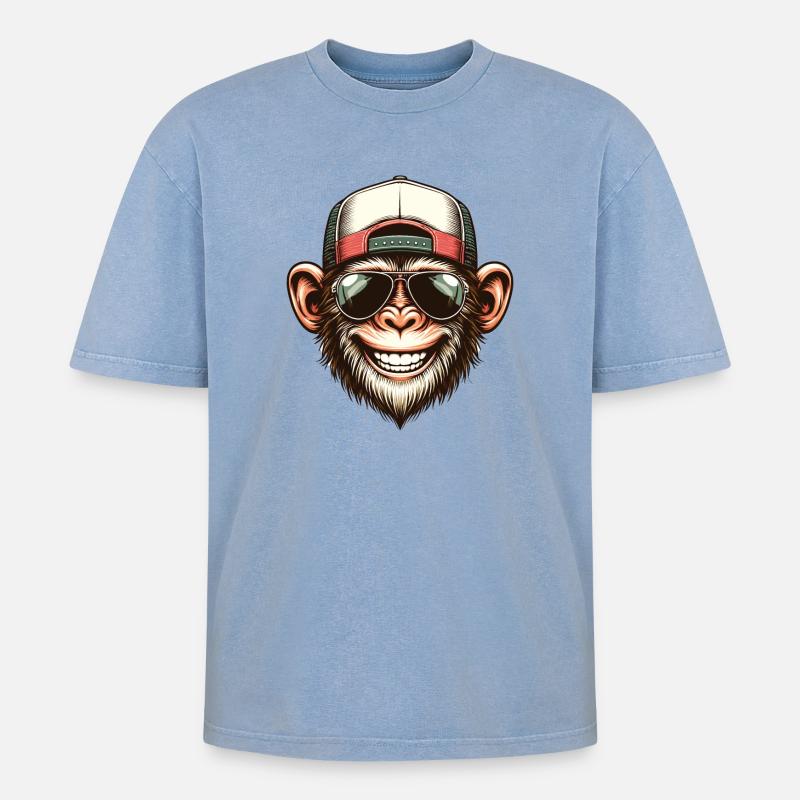 Lustiger Affe - Oversized Unisex Premium Acid-Washed T-Shirt - Blau Acid Wash