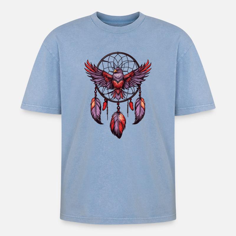 Traumfänger mit Vogel - Oversized Unisex Premium Acid-Washed T-Shirt - Blau Acid Wash