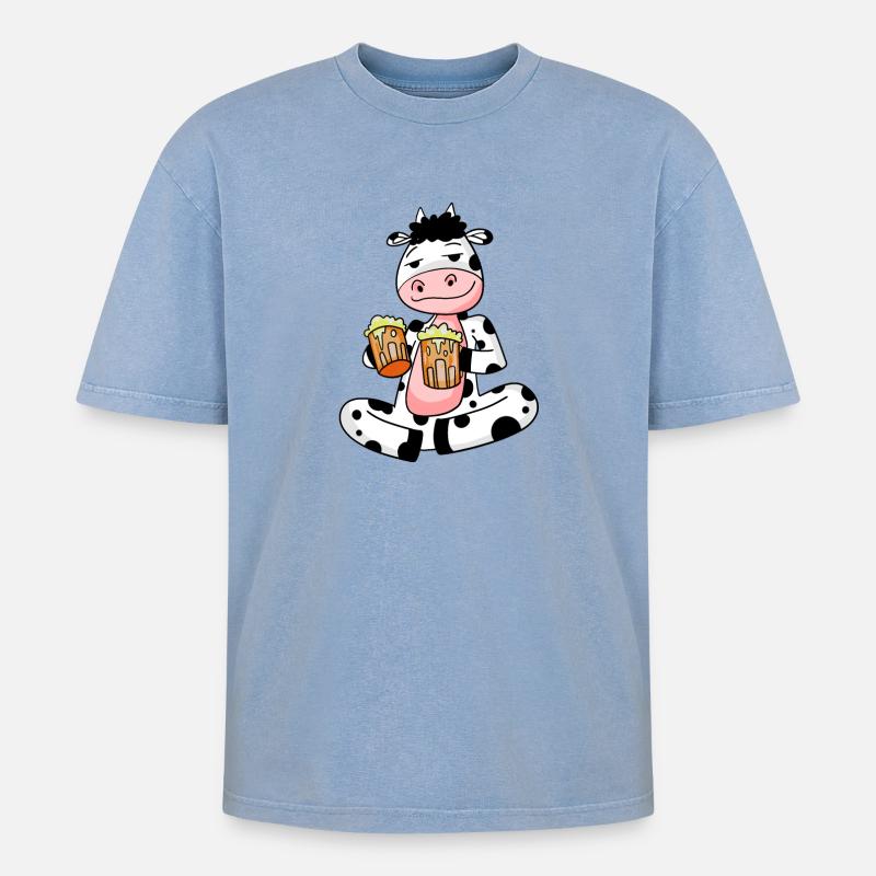Kuh mit Bier - Oversized Unisex Premium Acid-Washed T-Shirt - Blau Acid Wash