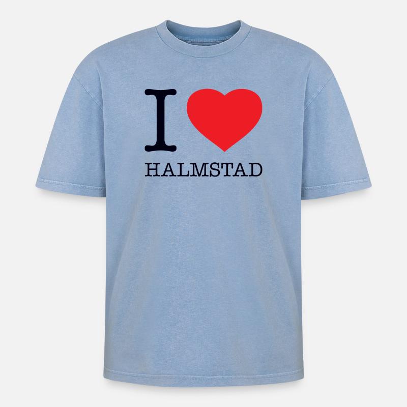I LOVE HALMSTAD - Oversized Unisex Premium Acid-Washed T-Shirt - Blau Acid Wash