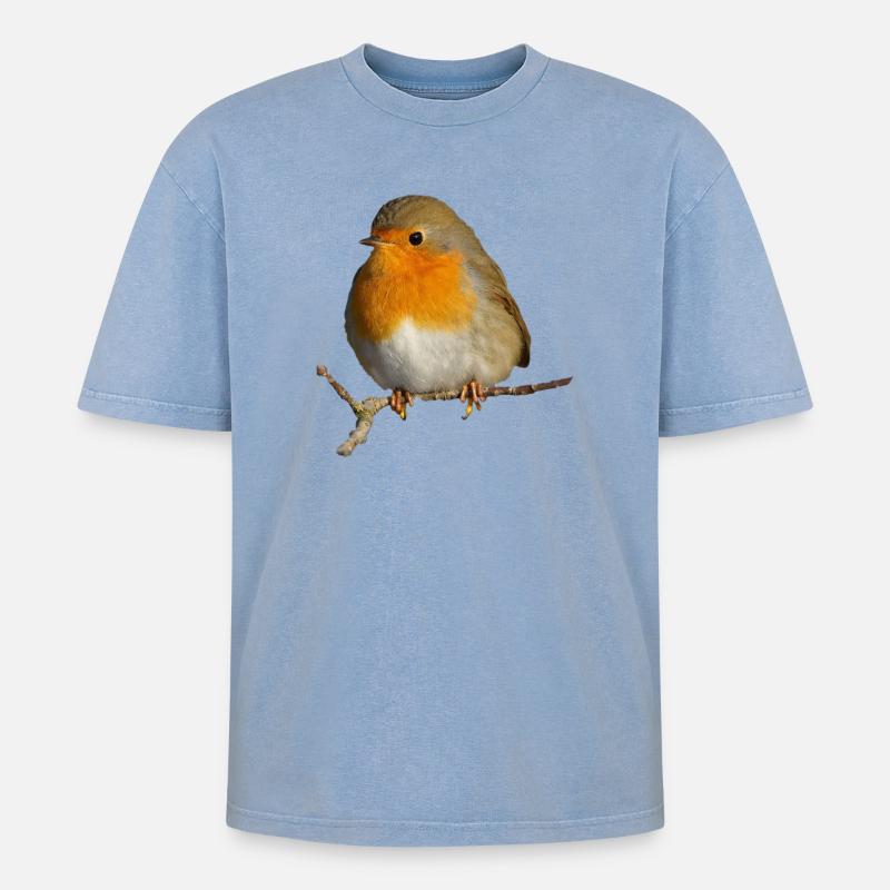 Rotkehlchen auf Ast sitzend - Oversized Unisex Premium Acid-Washed T-Shirt - Blau Acid Wash
