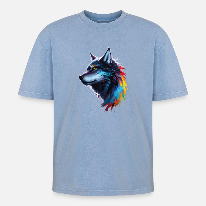 Regenbogen-Aquarell Wolf Spritzt - Oversized Unisex Premium Acid-Washed T-Shirt - Blau Acid Wash