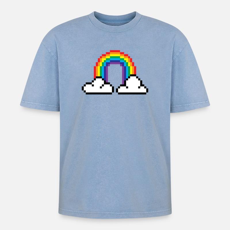 Pixel Rainbow - Oversized Unisex Premium Acid-Washed T-Shirt - acid washed blue
