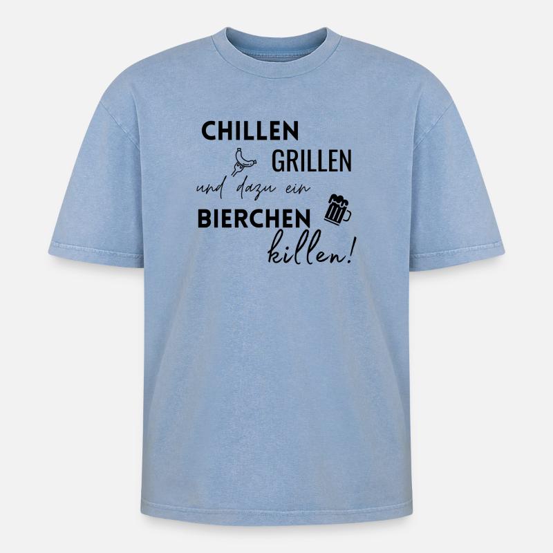 Chillen Grillen Bierchen killen - Oversized Unisex Premium Acid-Washed T-Shirt - Blau Acid Wash