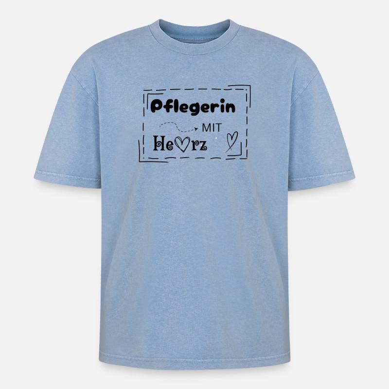 Pflegerin mit Herz - Oversized Unisex Premium Acid-Washed T-Shirt - Blau Acid Wash