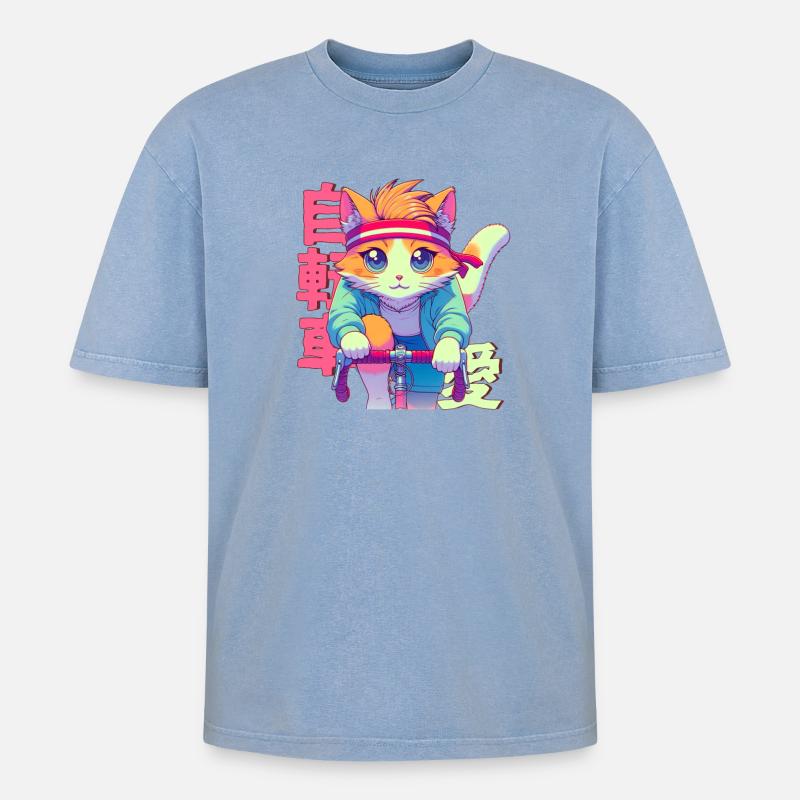 Radfahrender Anime Katze Neko - Oversized Unisex Premium Acid-Washed T-Shirt - Blau Acid Wash