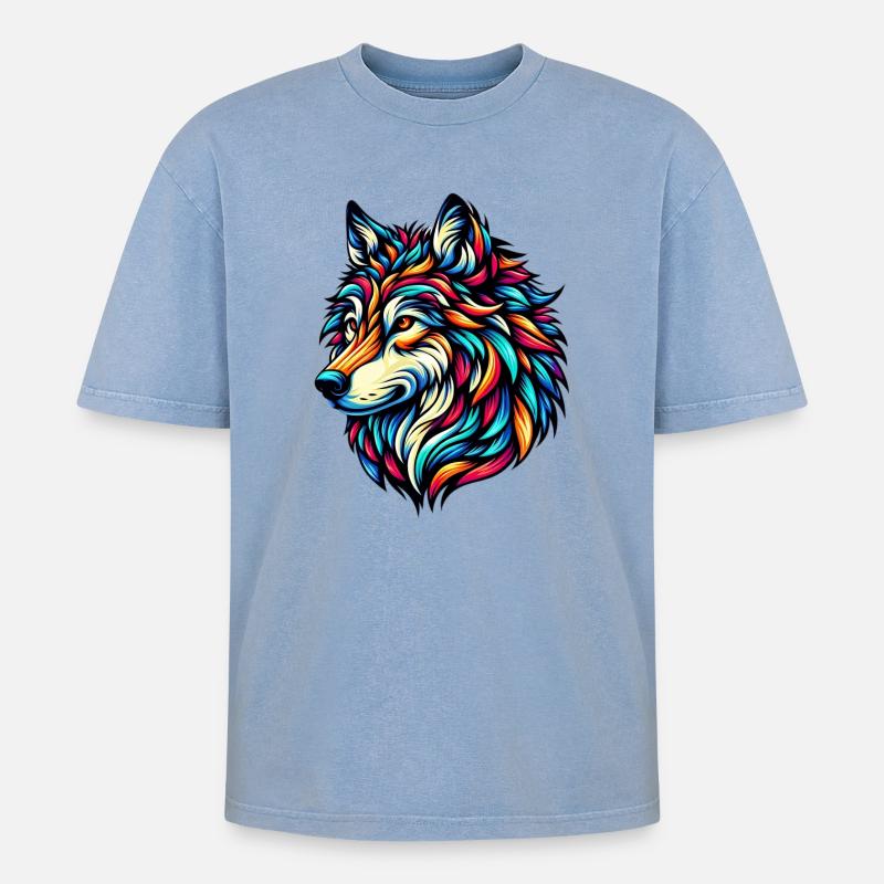 Wolf - Oversized Unisex Premium Acid-Washed T-Shirt - Blau Acid Wash
