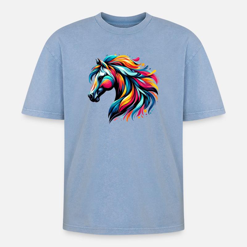 Pferd - Oversized Unisex Premium Acid-Washed T-Shirt - Blau Acid Wash