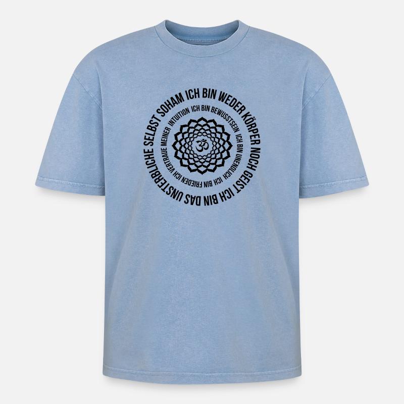 Kronenchakra Mantra SOHAM ich bin Frieden - Oversized Unisex Premium Acid-Washed T-Shirt - Blau Acid Wash