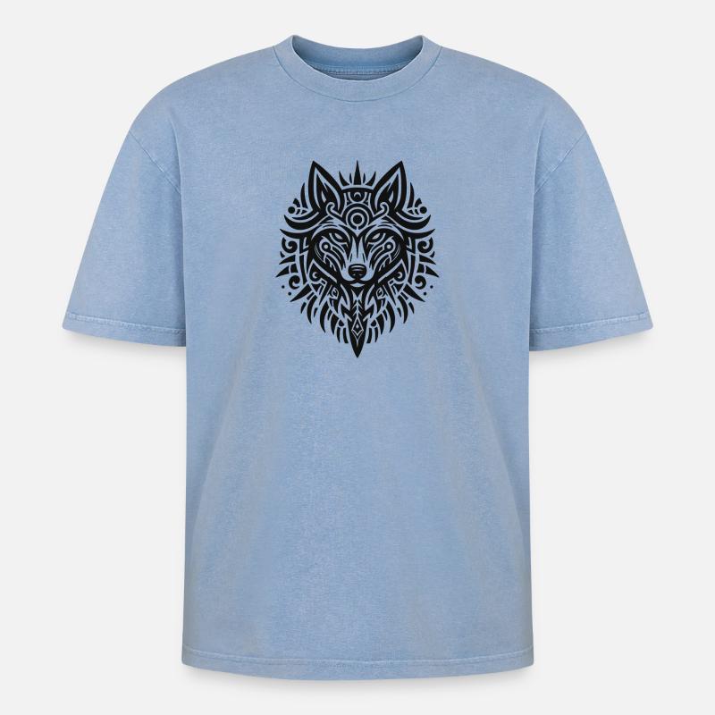 Wolf Tatoo - Oversized Unisex Premium Acid-Washed T-Shirt - Blau Acid Wash
