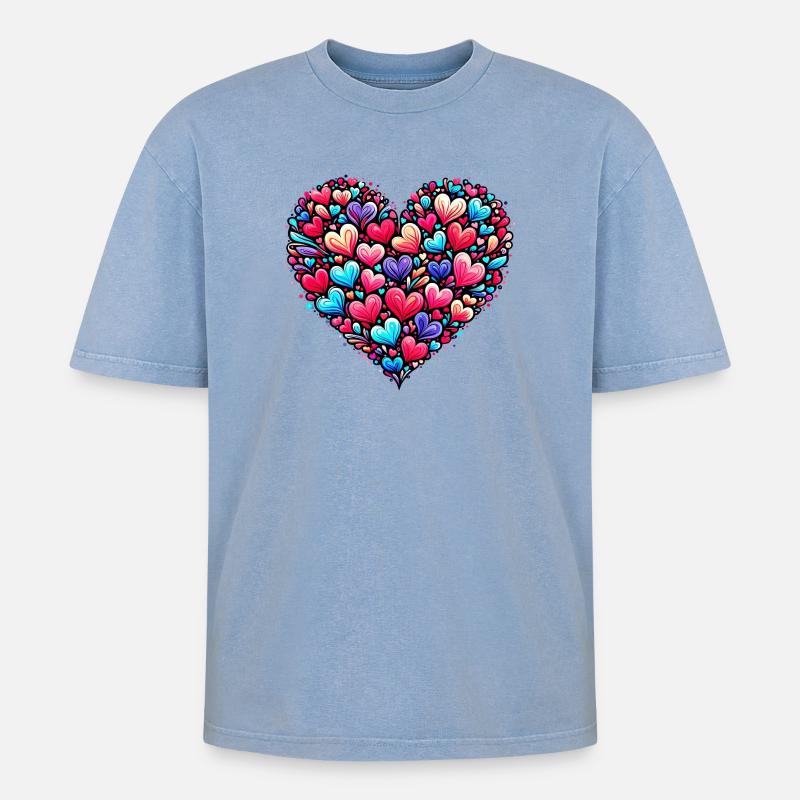 Buntes Herz - Oversized Unisex Premium Acid-Washed T-Shirt - Blau Acid Wash