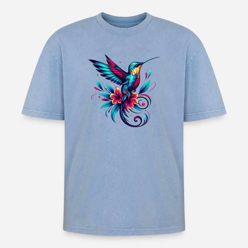 Kolibri - Oversized Unisex Premium Acid-Washed T-Shirt - Blau Acid Wash
