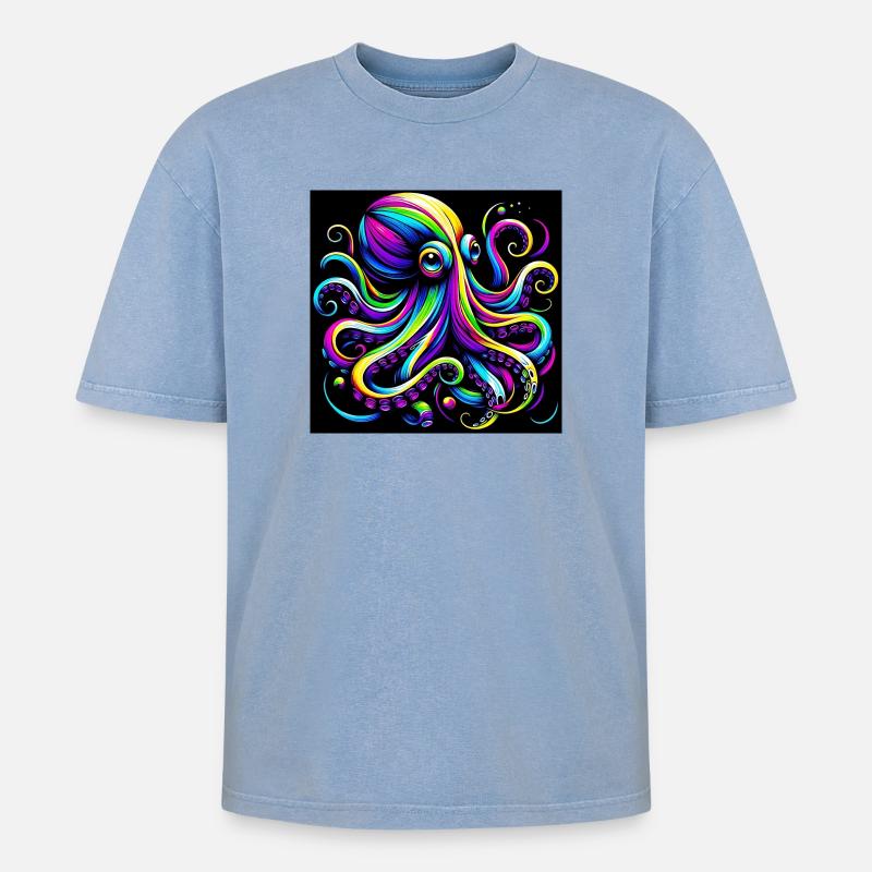 Krake - Oversized Unisex Premium Acid-Washed T-Shirt - Blau Acid Wash