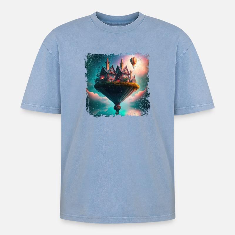 Fantasy schwebendes Dorf - Oversized Unisex Premium Acid-Washed T-Shirt - Blau Acid Wash