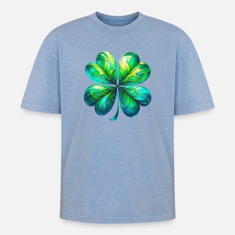 Vierblättriges Kleeblatt - Oversized Unisex Premium Acid-Washed T-Shirt - Blau Acid Wash