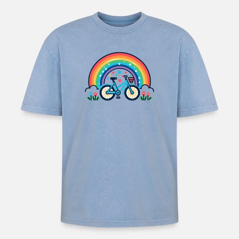 Rainbow Bicycle Joy Design - Oversized Unisex Premium Acid-Washed T-Shirt - acid washed blue