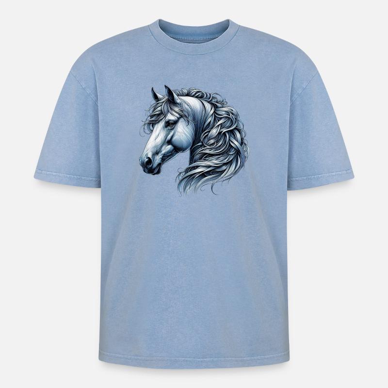 Pferd - Oversized Unisex Premium Acid-Washed T-Shirt - Blau Acid Wash