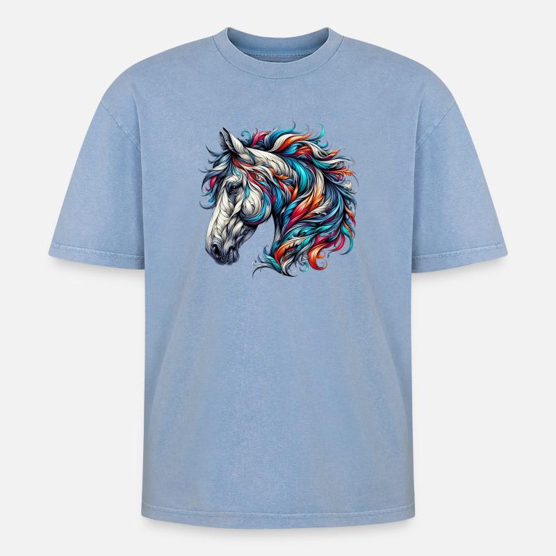 Pferd - Oversized Unisex Premium Acid-Washed T-Shirt - Blau Acid Wash