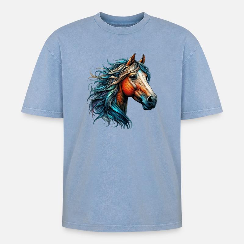 Pferd - Oversized Unisex Premium Acid-Washed T-Shirt - Blau Acid Wash