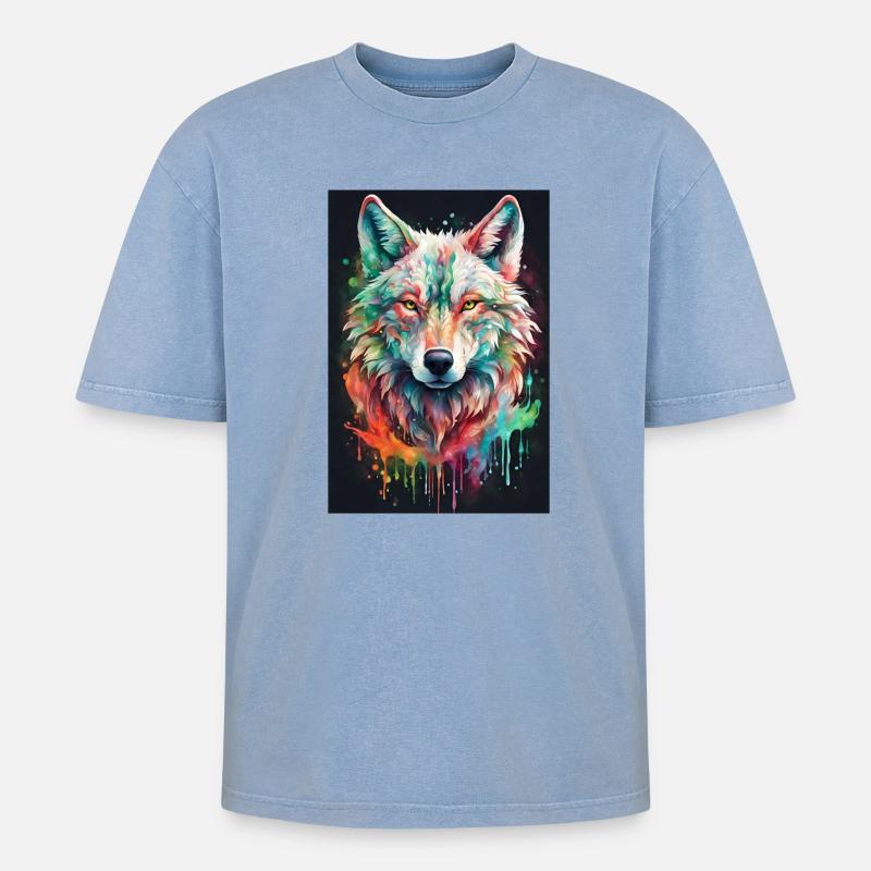 Bunter Wolfkopf Farbexplosion - Oversized Unisex Premium Acid-Washed T-Shirt - Blau Acid Wash