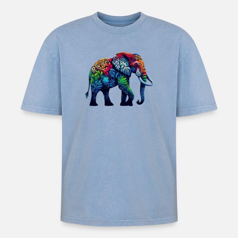 Elefant - Oversized Unisex Premium Acid-Washed T-Shirt - Blau Acid Wash