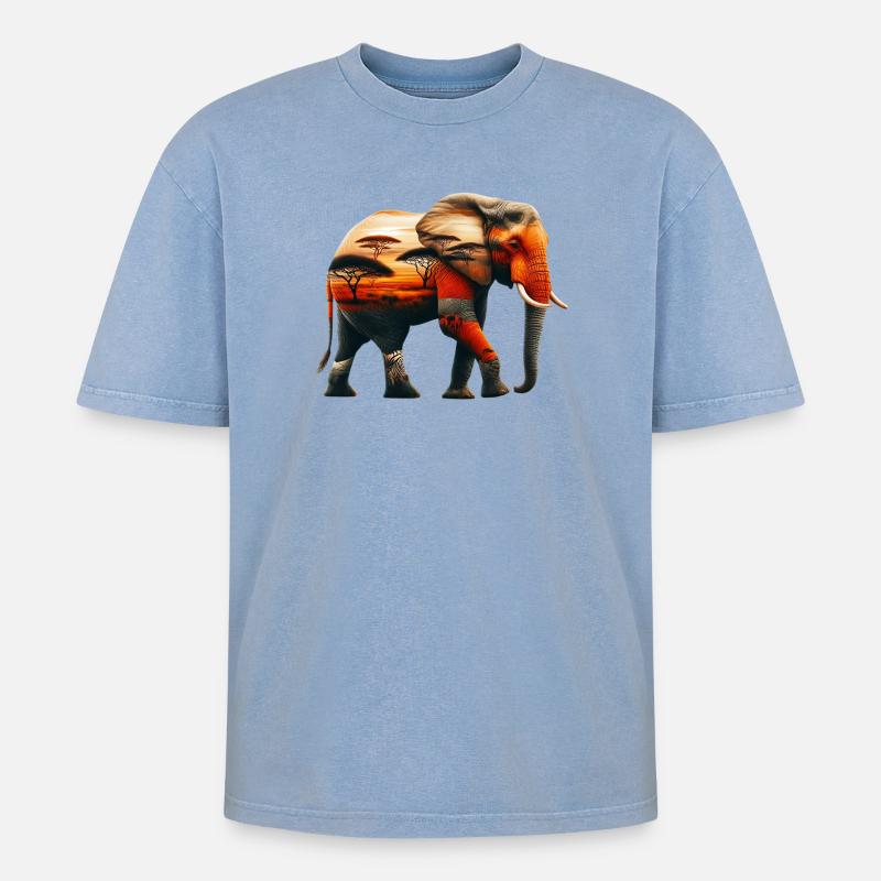 Elefant - Oversized Unisex Premium Acid-Washed T-Shirt - Blau Acid Wash