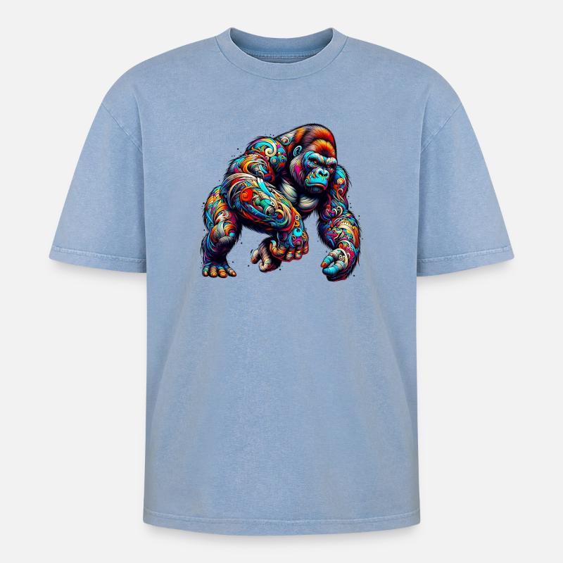 Gorilla - Oversized Unisex Premium Acid-Washed T-Shirt - Blau Acid Wash