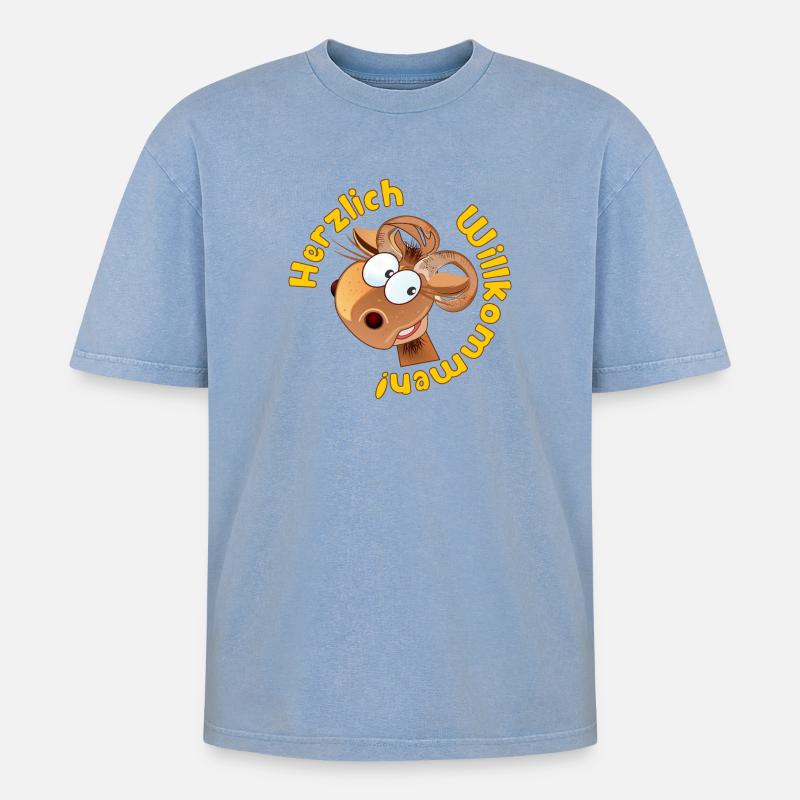 Herzlich Willkommen - Widder Schafe - Oversized Unisex Premium Acid-Washed T-Shirt - Blau Acid Wash