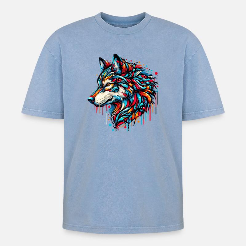 Wolf - Oversized Unisex Premium Acid-Washed T-Shirt - Blau Acid Wash