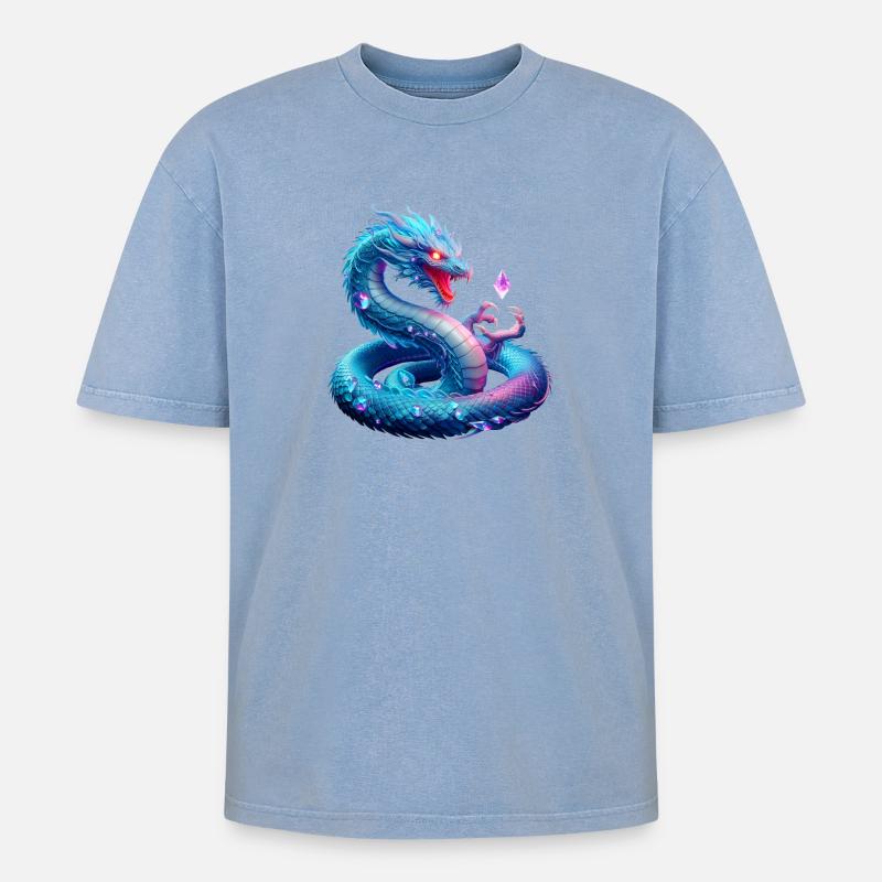 Drache (03) - Oversized Unisex Premium Acid-Washed T-Shirt - Blau Acid Wash