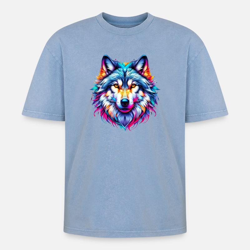 Wolf - Oversized Unisex Premium Acid-Washed T-Shirt - Blau Acid Wash