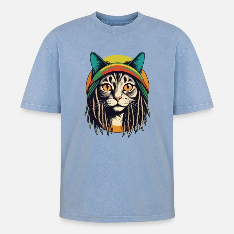 Coole Rasta-Katze - Oversized Unisex Premium Acid-Washed T-Shirt - Blau Acid Wash