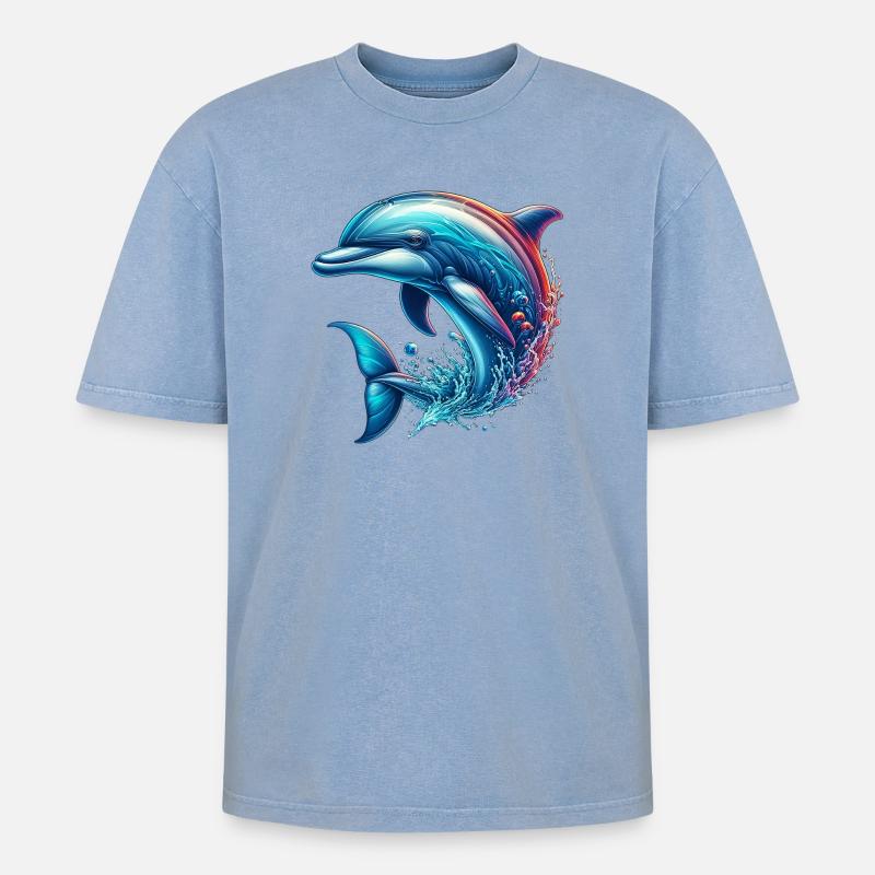 Delfin - Oversized Unisex Premium Acid-Washed T-Shirt - Blau Acid Wash