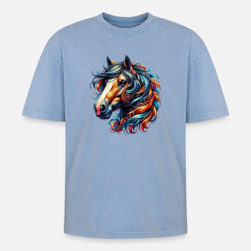 Pferd - Oversized Unisex Premium Acid-Washed T-Shirt - Blau Acid Wash
