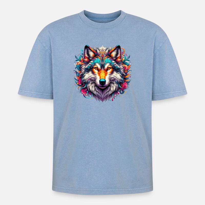 Wolf - Oversized Unisex Premium Acid-Washed T-Shirt - Blau Acid Wash