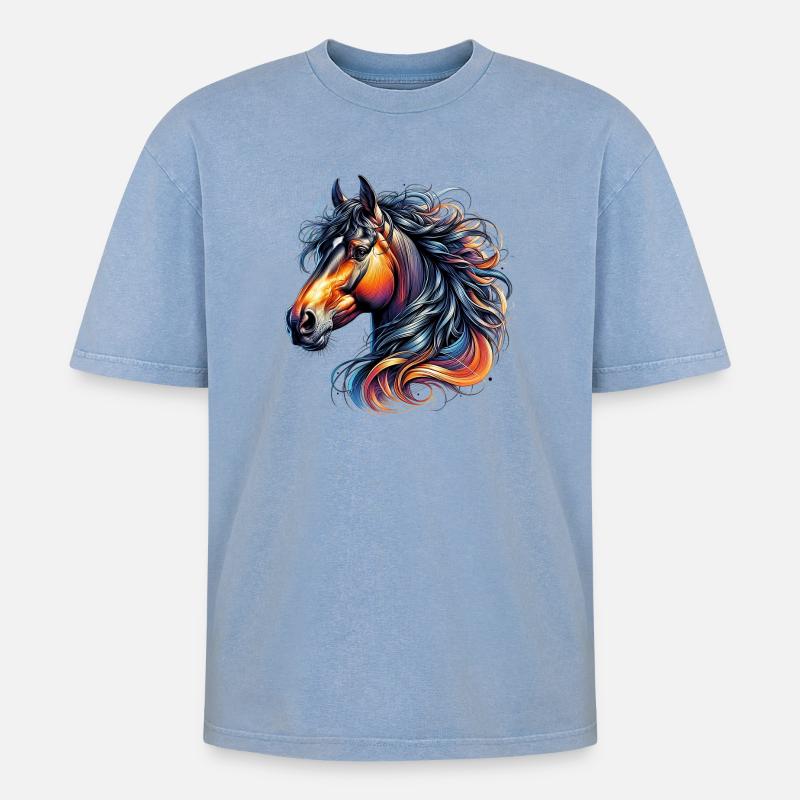 Pferd - Oversized Unisex Premium Acid-Washed T-Shirt - Blau Acid Wash
