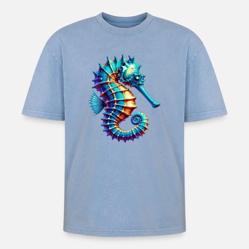 Seepferdchen - Oversized Unisex Premium Acid-Washed T-Shirt - Blau Acid Wash