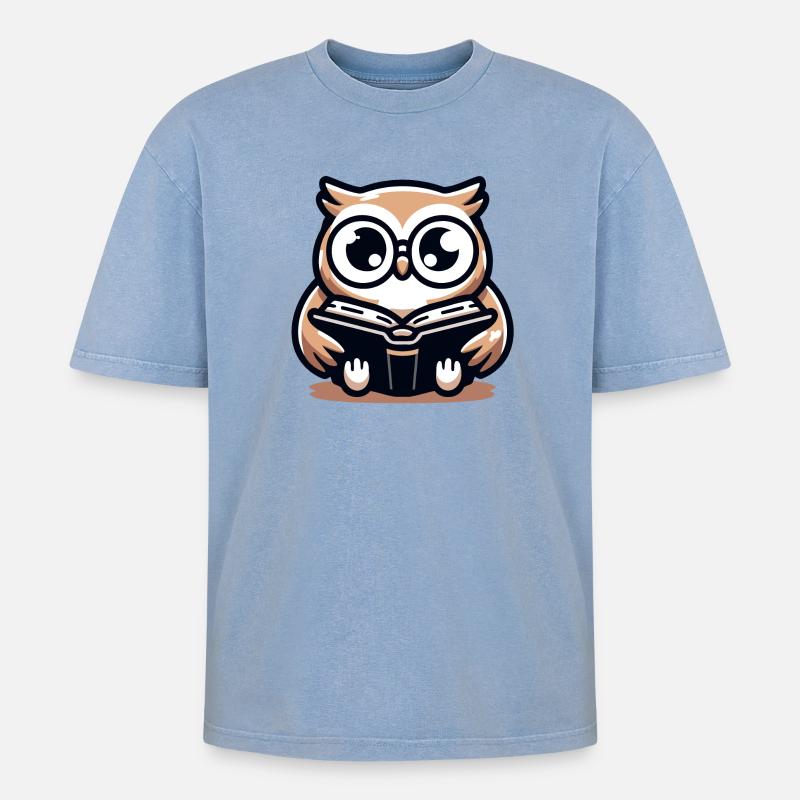 Wise Owl Reader Bookish Charm - Oversized Unisex Premium Acid-Washed T-Shirt - acid washed blue