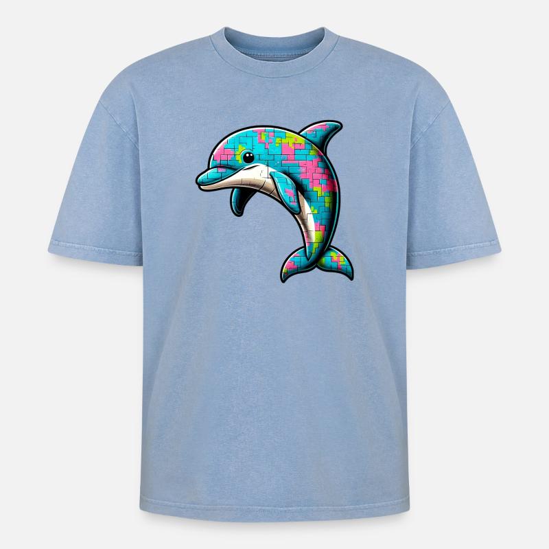 Delfin - Oversized Unisex Premium Acid-Washed T-Shirt - Blau Acid Wash