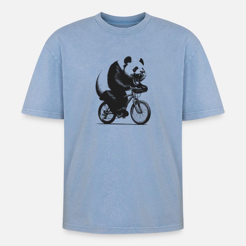 Radfahrender Panda - Oversized Unisex Premium Acid-Washed T-Shirt - Blau Acid Wash