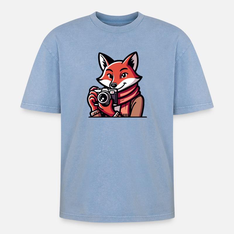 Shutter Fox: Der Schnappschuss-Abenteurer - Oversized Unisex Premium Acid-Washed T-Shirt - Blau Acid Wash
