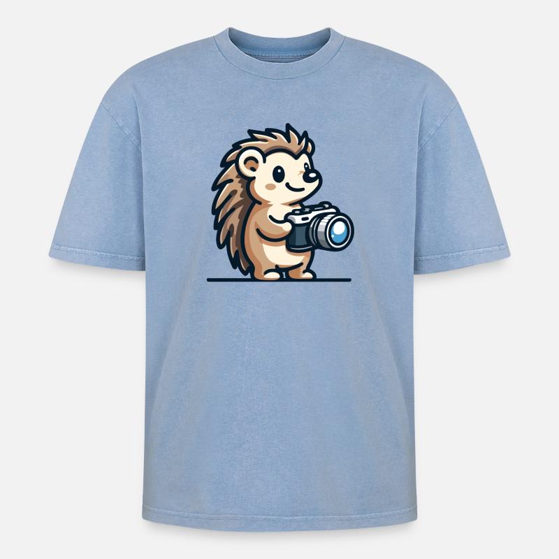 Schnappschuss-Igel: Der Shutterbug-Kumpel - Oversized Unisex Premium Acid-Washed T-Shirt - Blau Acid Wash