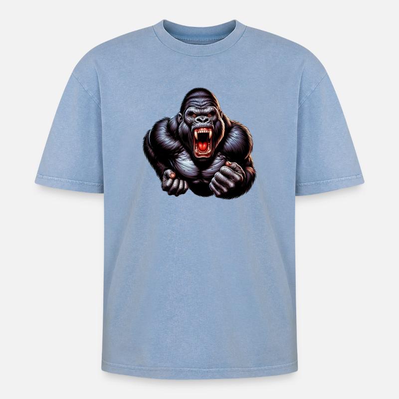 Gorilla - Oversized Unisex Premium Acid-Washed T-Shirt - Blau Acid Wash